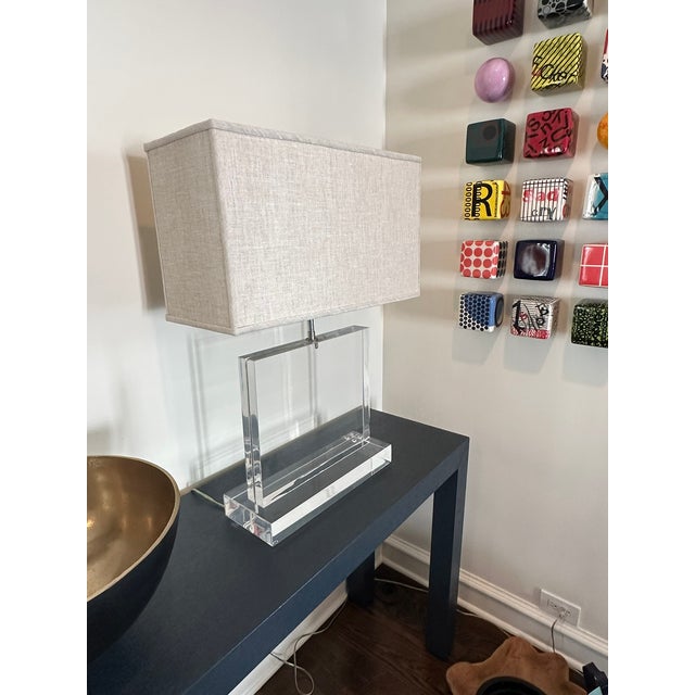 Designer Modern Acrylic Block Table Lamp With Rectangular Fabric Shade – Minimalist Elegance For Sale - Image 4 of 8