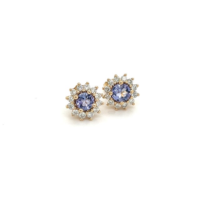 Metal Natural Tanzanite Diamond Stud Earrings 14k Y Gold 1.18 TCW Certified For Sale - Image 7 of 8