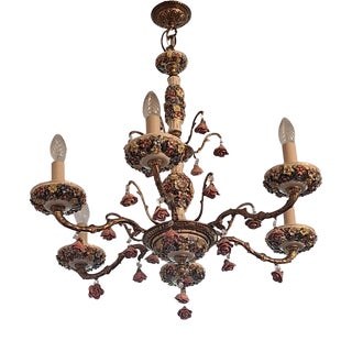 Vintage Boho Six-Arm Chandelier in Ceramic and Gilt Brass For Sale