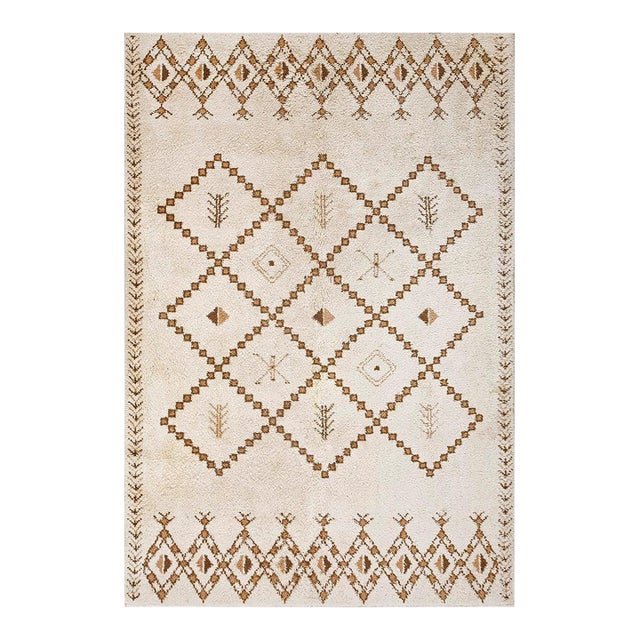 1950s Ivory Cream Diamond Tribal Hand Knotted Vintage Swedish Rya Rug 6' X 8'10" Wool Carpet For Sale