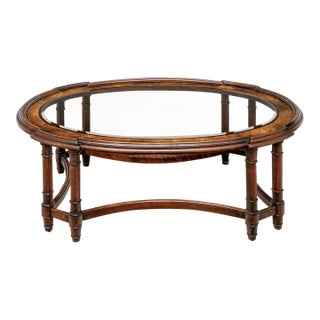 1970s Regency Revival Oval Figured Wood & Beveled Glass Coffee Table With Faux Bamboo Legs For Sale