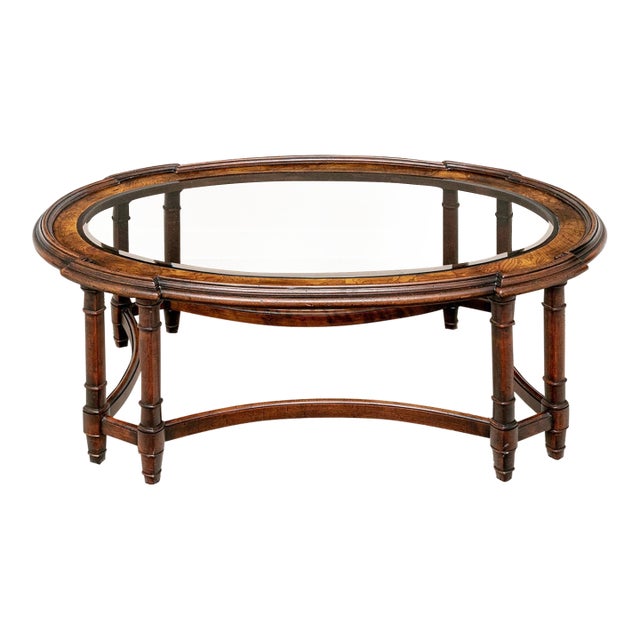 1970s Regency Revival Oval Figured Wood & Beveled Glass Coffee Table With Faux Bamboo Legs For Sale