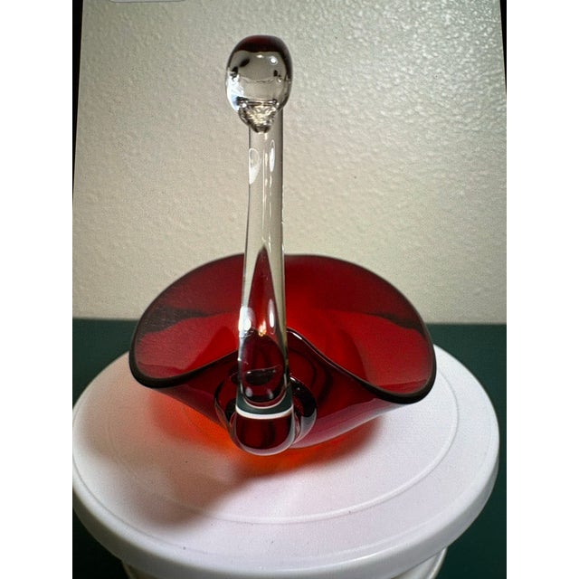 1950s Duncan and Miller Ruby Red Cranberry Glass Swan Bowl For Sale - Image 4 of 6