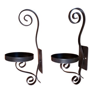 Pair of Vintage 1980s Black Wrought Iron Wall Mount Candle Holders For Sale