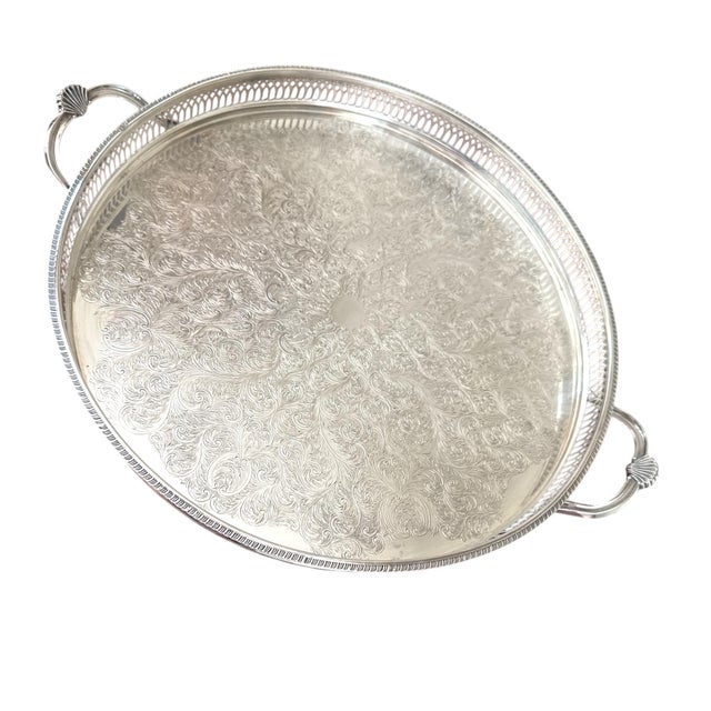 Vintage English Silverplate Round Gallery Tray With Shell Handles For Sale In Los Angeles - Image 6 of 9