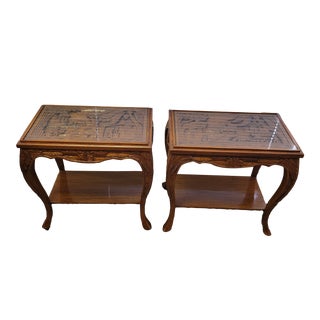 Two Chinoiserie Carved Wood Side Tables with Glass - Set of 2 For Sale