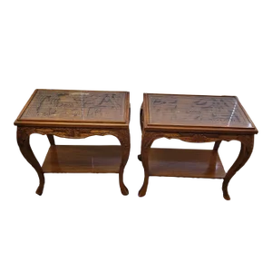 Two Chinoiserie Carved Wood Side Tables with Glass - Set of 2