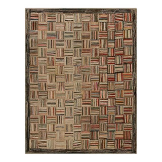 1890s Multi Brown Geometric Antique American Hooked Rug 4'3" X5'9" Woven Wool Carpet For Sale