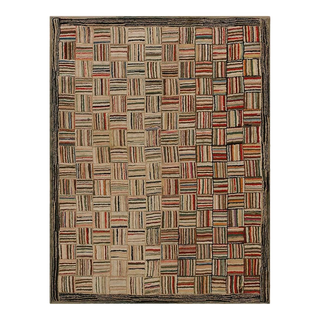 1890s Multi Brown Geometric Antique American Hooked Rug 4'3" X5'9" Woven Wool Carpet For Sale