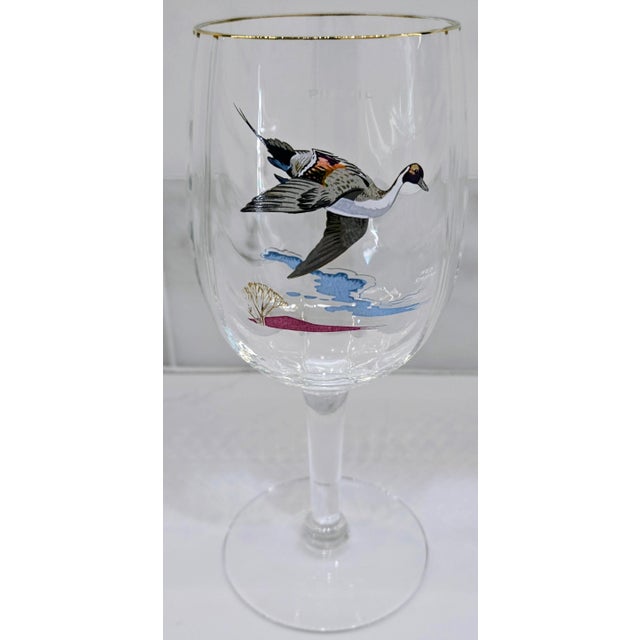 Vintage Ned Smith Waterfowl Series 22k Gold Rim Crinkle Wine Glasses Set of 6 For Sale - Image 13 of 14