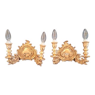 19th Century Pair of Revival Baroque Giltwood Wall Sconces, 19th Century. For Sale