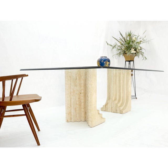 Large Oversize Wide Rectangle Shape Glass Top Travertine Dining Conference Table For Sale - Image 10 of 12