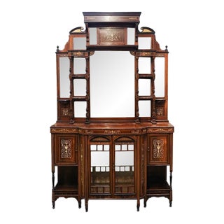 Superb English Victorian Rosewood Credenza, Sideboard Cabinet Satinwood Marquetry 1890 For Sale