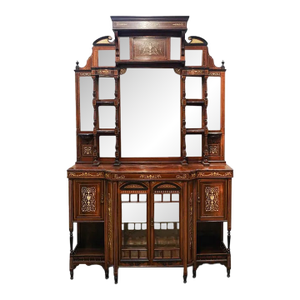 Superb English Victorian Rosewood Credenza, Sideboard Cabinet Satinwood Marquetry 1890
