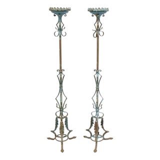 Antique Gothic Renaissance Wrought Iron Italian Candle Holder Candelabra - Pair For Sale