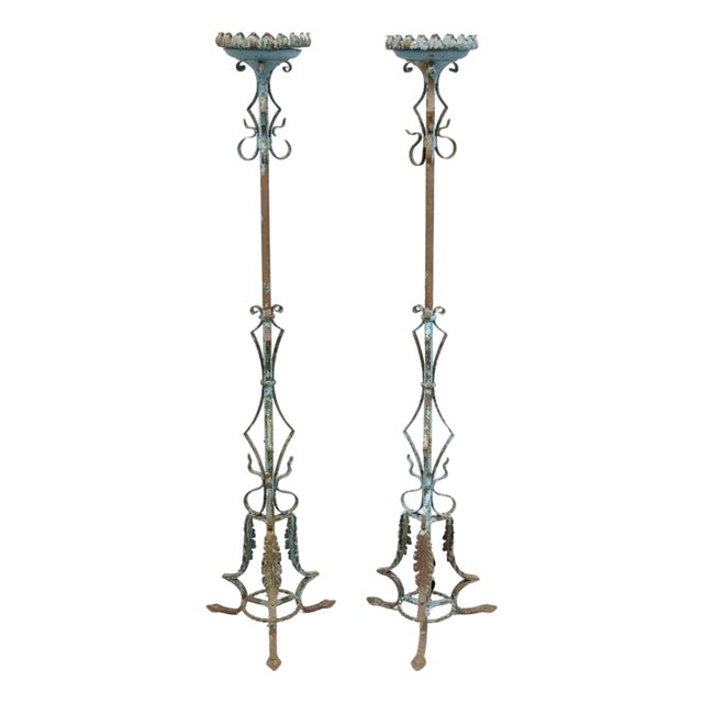 Antique Gothic Renaissance Wrought Iron Italian Candle Holder Candelabra - Pair For Sale