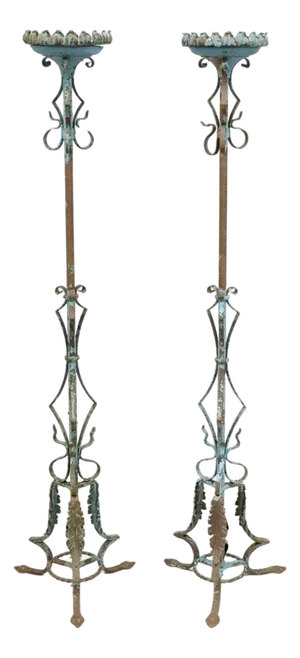 Antique Gothic Renaissance Wrought Iron Italian Candle Holder Candelabra - Pair