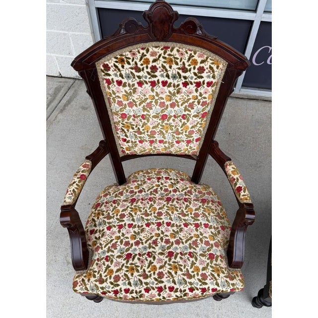 Brown Pair of Antique Eastlake Walnut Parlor Chairs With Floral Upholstery For Sale - Image 8 of 15