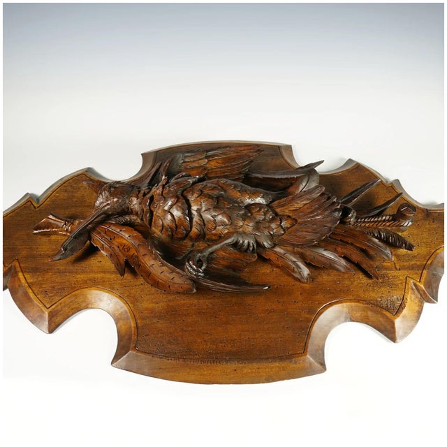 Antique Swiss Black Forest Hand Carved Wood Wall Plaque, Signed Ruef, Game Bird Trophy For Sale - Image 6 of 9