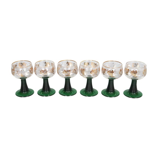 A set of six German Rhine wine glasses made by E&A Bockling of Newdenau, Germany. Distinctive green stems are beehive...