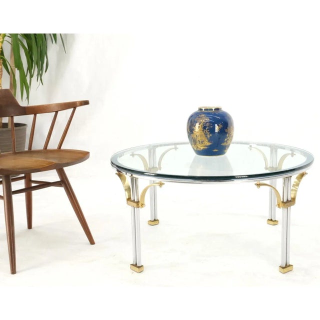 Round Glass Top Chrome Legs Solid Brass Stretchers & Feet Coffee Center Table For Sale - Image 10 of 13