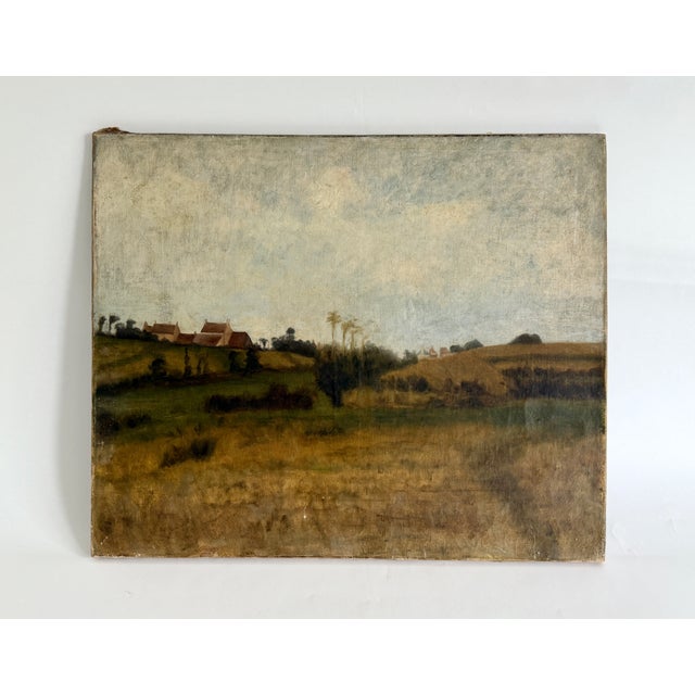 Lovely antique French landscape oil on canvas has extraordinary time earned age and patina. Left unframed because we like...