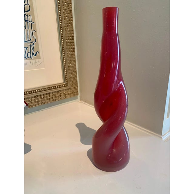 Modern Thick Twisted Red Art Glass Bud Vase For Sale - Image 3 of 13