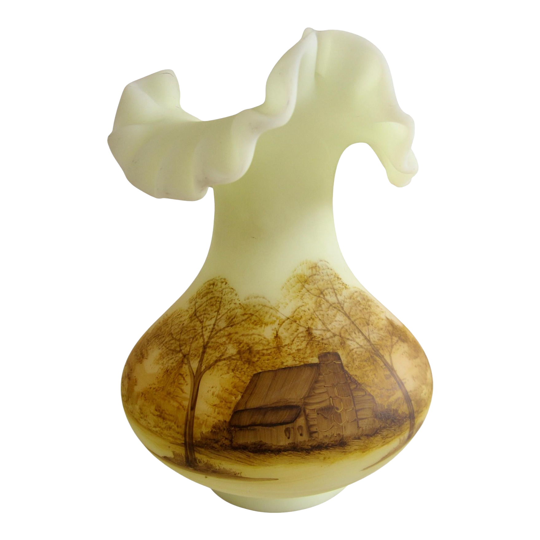 1970s Fenton Hand-Painted Satin Uranium Custard Glass Ruffled Vase