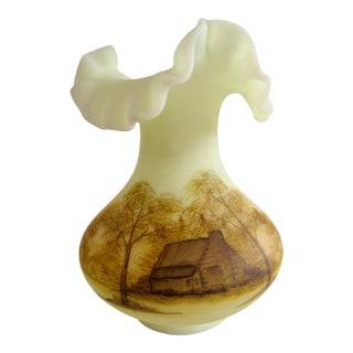 1970s Fenton Hand-Painted Satin Uranium Custard Glass Ruffled Vase Cabin Lasley Signed For Sale