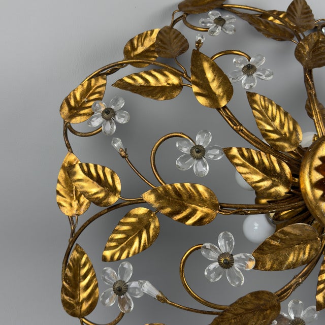 Large Vintage Gold Wrought Iron Ceiling Light with Glass Flowers, 1970s For Sale - Image 10 of 13