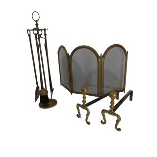Vintage Fireplace Accessories in Brass, 1960s, Set of 8 For Sale