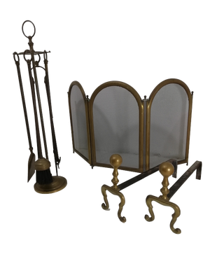 Vintage Fireplace Accessories in Brass, 1960s, Set of 8