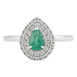 VRJewels 14k Gold Emerald Diamond Double Halo Vintage Engagement Ring Size 6.5 For Sale