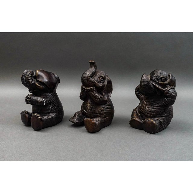 Maitland-Smith Vintage Speak, Hear, See No Evil Elephant Sculptures- Set of 3 For Sale In Miami - Image 6 of 9