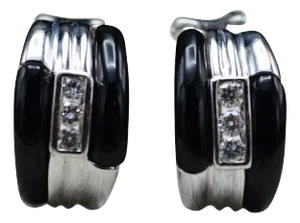 The Peorias: Ladies 14K White Gold Huggie Earrings set with Onyx and Diamonds, 2 Pieces