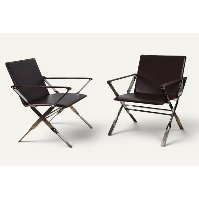 Mid-Century Modern Leather and Chrome-Plated Metal Armchairs, Italy, 1970, Set of 2 For Sale - Image 3 of 18