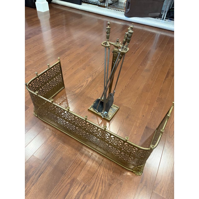 19th Century Vintage 19th Century English 5-Piece Ornate Brass Pierced Fireplace Fender and Tool Companion Set For Sale - Image 5 of 12