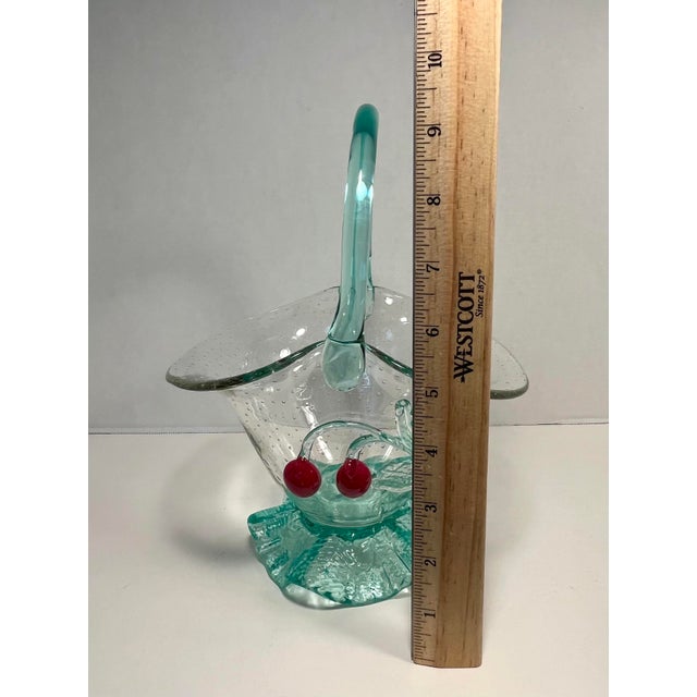 Transparent Vintage Loetz Control Bubbles Uranium Glass Basket With Applied Cherries For Sale - Image 8 of 9