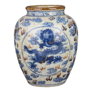 Chinese Vintage Ceramic Pot,Qing Dynasty Kangxi Marked Blue and White Underglaze Red Porcelain Jar Hand Painted Cloud Dragon Pattern