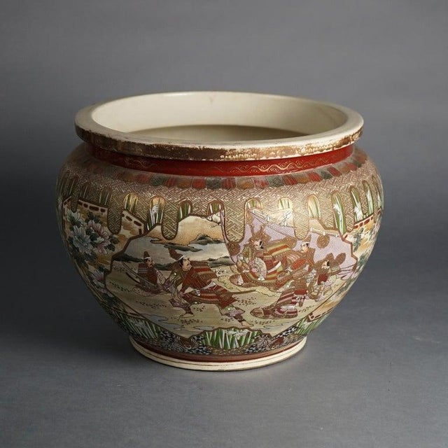 Antique Japanese Satsuma Pottery Floor Urn, Exterior Scene With Figures, C1920 For Sale - Image 4 of 11