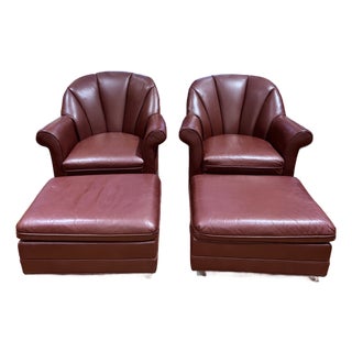 Pair of Vintage Hancock & Moore Burgundy Leather Swivel Lounge Chairs With Matching Ottomans, 1988 For Sale