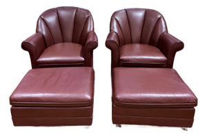 Pair of Vintage Hancock & Moore Burgundy Leather Swivel Lounge Chairs With Matching Ottomans, 1988