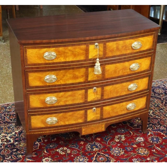 Traditional 1990s Henkel Harris Mahogany & Flame Birch Inlaid Rogers Bowfront Dresser Chest For Sale - Image 3 of 17