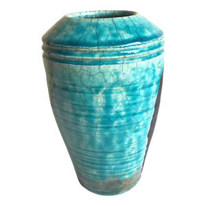 Late 20th Century Signed Ron Pratt Artist Handcrafted Blue Black Crackled Raku Art Pottery Vase