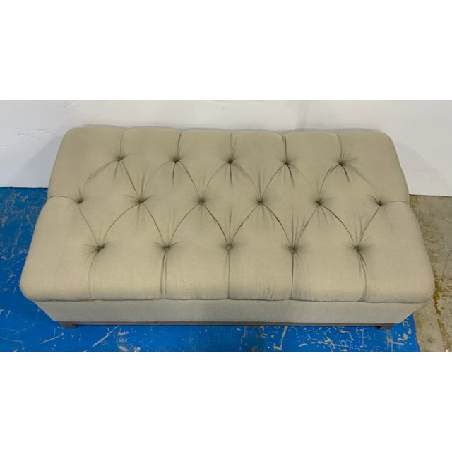 Contemporary Tufted Beige Linen Ottoman For Sale - Image 3 of 5