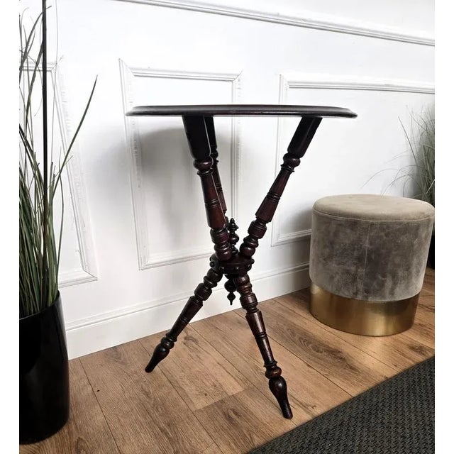 Gold Antique Italian Round Walnut Tripod Side Table with Carved Bun Stretcher, 1890s For Sale - Image 8 of 10