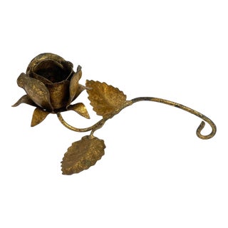 Vintage Brutalist Gilded Metal Rose Candle Holder For Sale