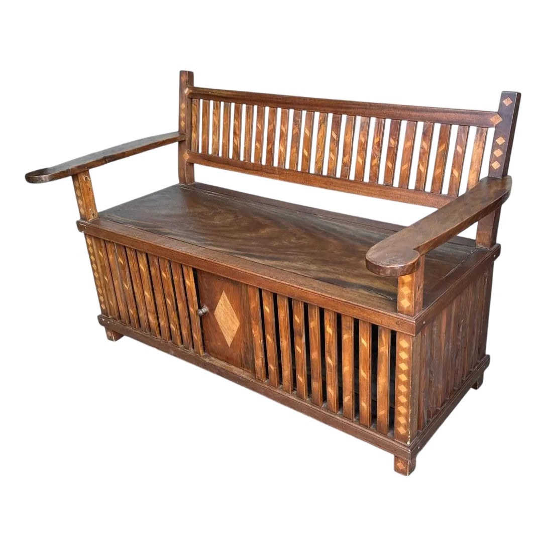 Early 20th Century Antique English Hall Bench With Wood Inlay and Lower ...