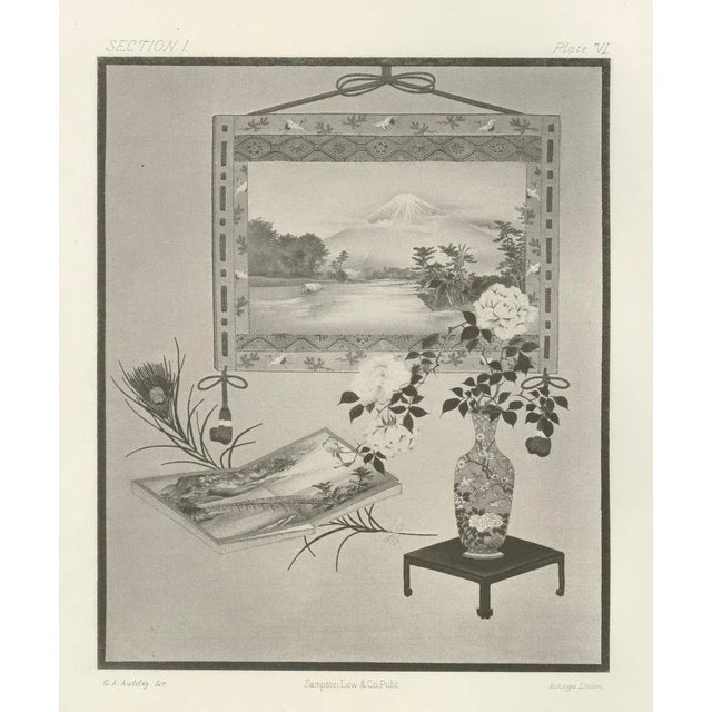 Antique Japanese Still Life with Mount Fuji and Floral Vase, 19th Century This elegant 19th-century engraving showcases a...