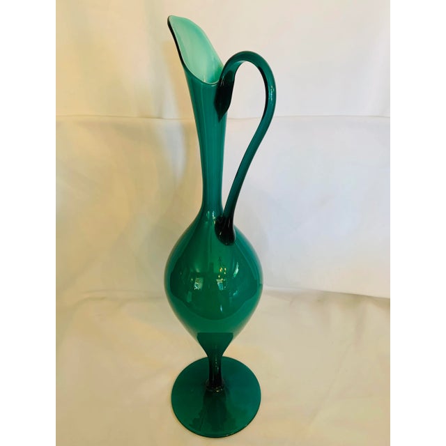 Mid-Century Teal Over White Glass Pedestal Pitcher For Sale - Image 13 of 13